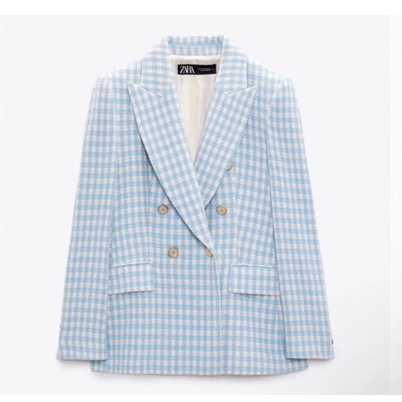 Zara Houndstooth Double-Breasted Blazer Jacket in Blue ASO Princess Kate Sz S - Picture 3 of 16